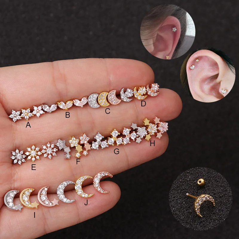 

Feelgood 10pcs 20g Stainless Steel Tragus Rook Conch Helix Ear Piercing Jewelry Tiny Cz Flower Star Moon Small Cartilage Back Screw Stud Earring
