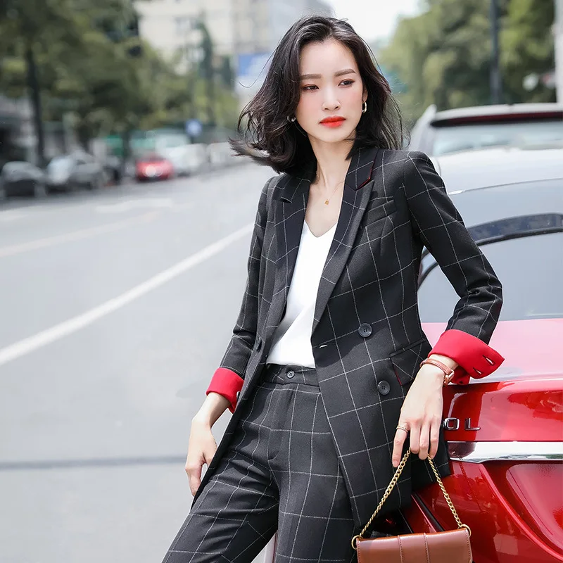 

High quality plus size ladies pants suit two-piece suit New autumn and winter casual plaid office ladies jacket Casual trousers