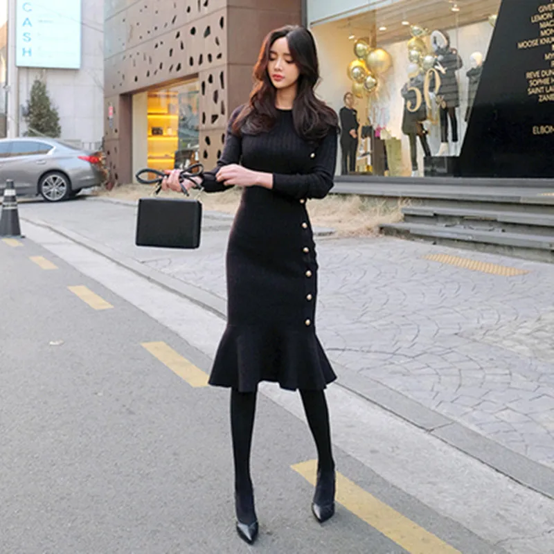 

2020 Autumn Winter Black Elegant Midi Knitted Sweater Dress Women Knit Bodycon Ruffles Single Breasted Button Mermaid Dress