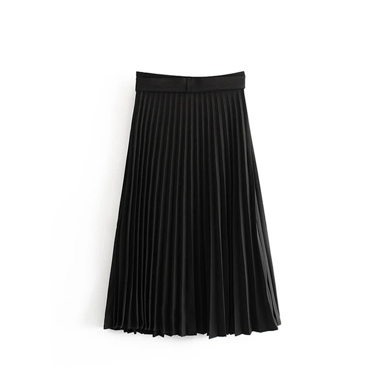 Solid Pleated Loose Skirt Sashes Mid Calf Skirts Womens High Waist Vintage Faldas Spring Autumn Pure High Quality Jupe Femme