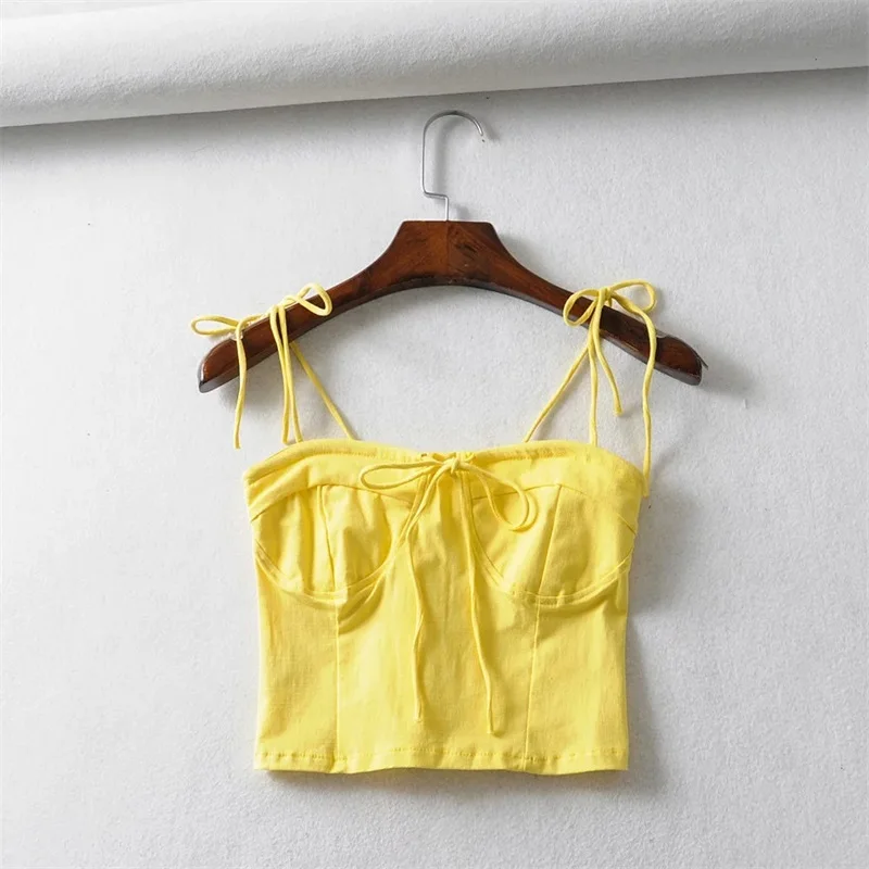 Женский топ на бретельках с завязками на плечах и милым вырезом, рубашка-стрейч на спине - Цвет: yellow