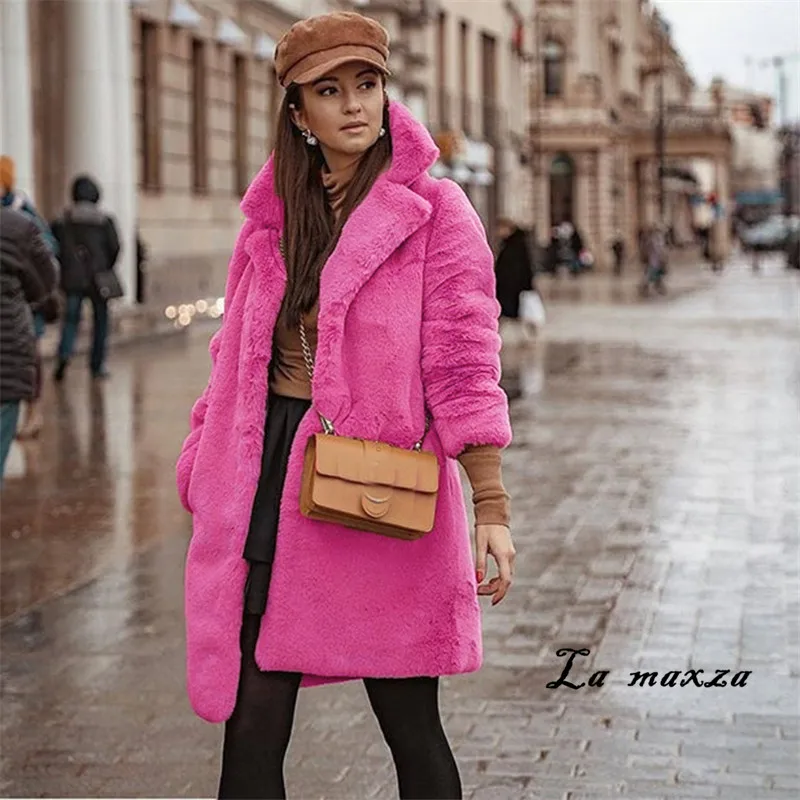 Womens Coats Winter Korean Casual Faux Fur Long Coat Warm Clothes Fashion Pink Plus Size