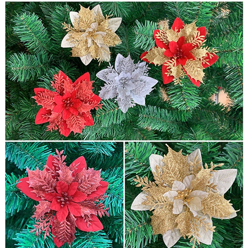 5pcs Glitter Artificial Christmas Flowers Xmas Tree Decorations Ornaments Merry Christmas Wedding New Year 2022 Home decor