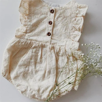 

Lovely Fashion Baby Girls Beige Hollow embroidery ruffles Sleeveless Romper Infant Lace Jumpsuit Summer Clothes Sunsuit Outfits