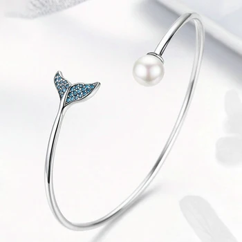 

925 Sterling Silver Girls Mermaid Ring Bracelet Mermaid Pearl Ring Bracelet With Blue Mermaid Tail Jewelry Accessories