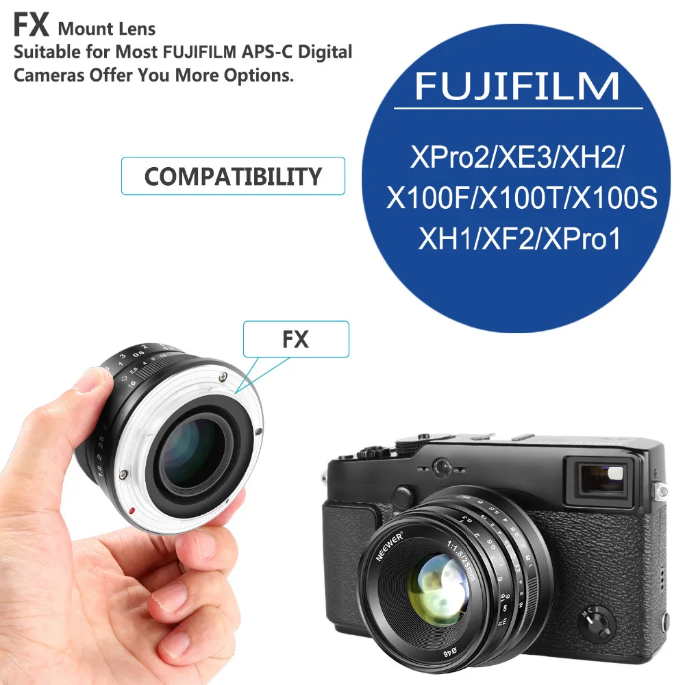 Neewer 25 мм f/1,8 ручная фокусировка Prime фиксированный объектив для Fujifilm APS-C цифровых беззеркальных камер XPro2 XE3 XH2 X100T X100S