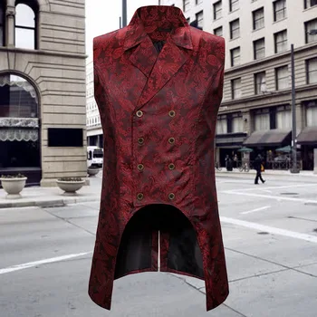 

JODIMITTY Mens Gothic Tuxedo Vest Victorian Steampunk Cosplay Waistcoat Double-Breasted Jacquard Coat Men Vest Halloween Gilet