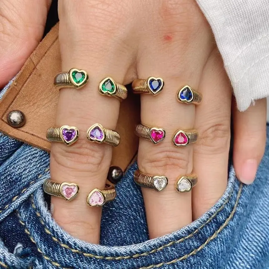 

10Pcs Color Crystal Zircon Micro-Inlaid Heart-Shaped Brass Open Finger Ring For Women Classic Fashion Wedding Jewelry