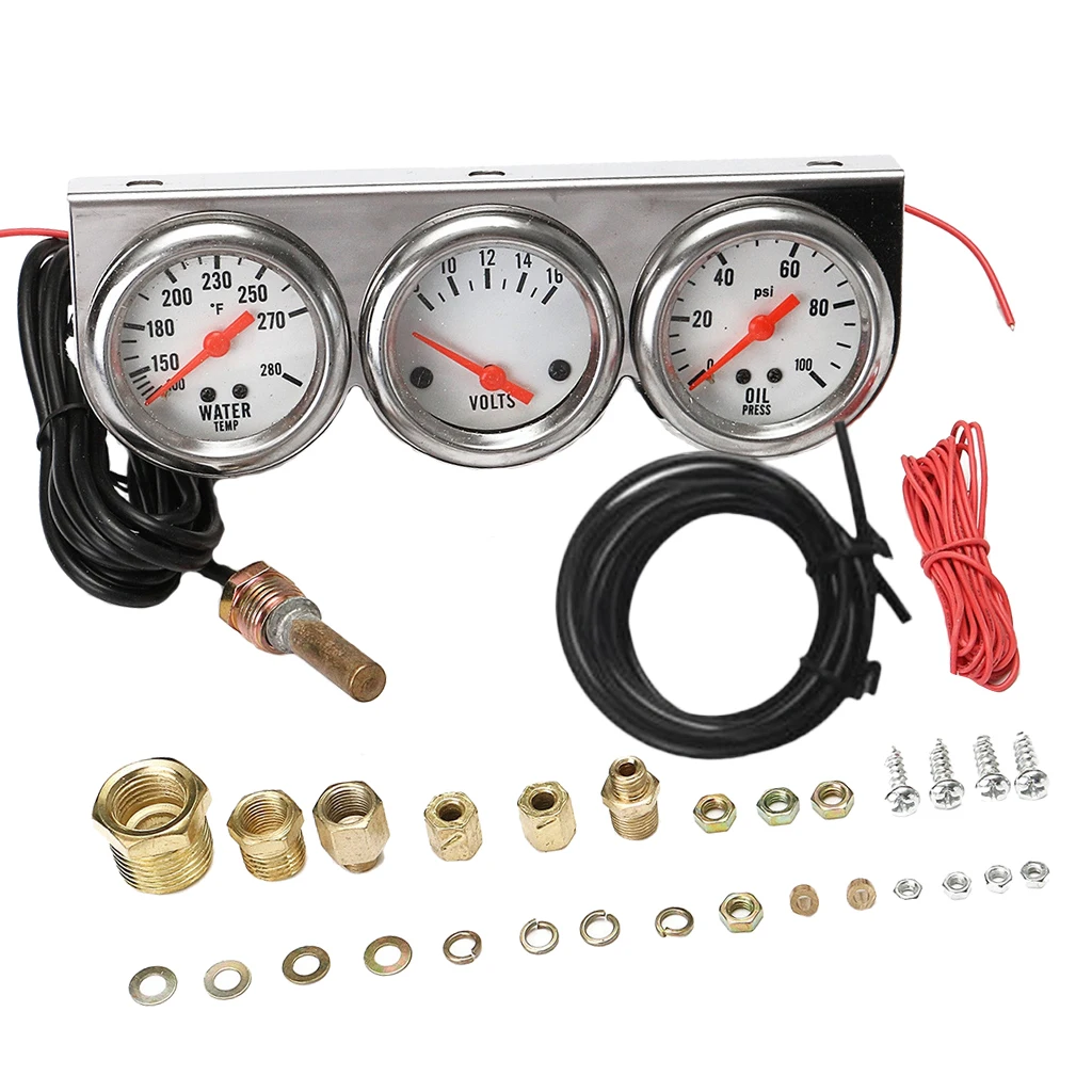 Gauge Kit Triple Gauge Three Oil Pressure Volt Water Temperature Chrome Panel