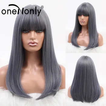 

oneNonly Synthetic Hair Wigs with Bangs Ombre Ash Blue Wigs for White Black Women Sexy Wig Female Lady Cosplay Wig Lolita Fringe