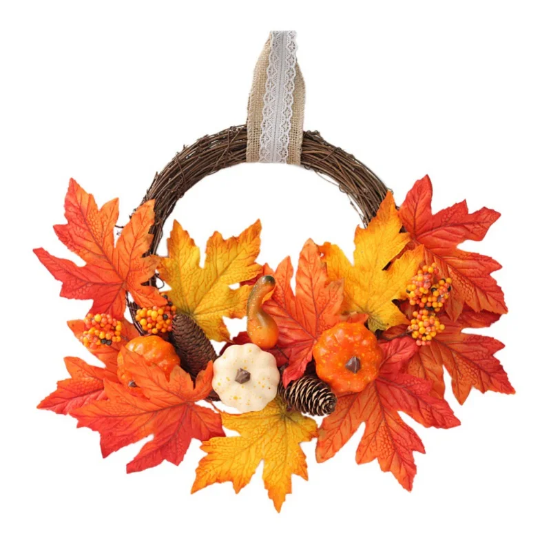 

Rattan Wreath Garland Artificial Maple Leaves Pumpkins And Berries Front Door Holiday Decor Christmas Thanksgiving Wreaths