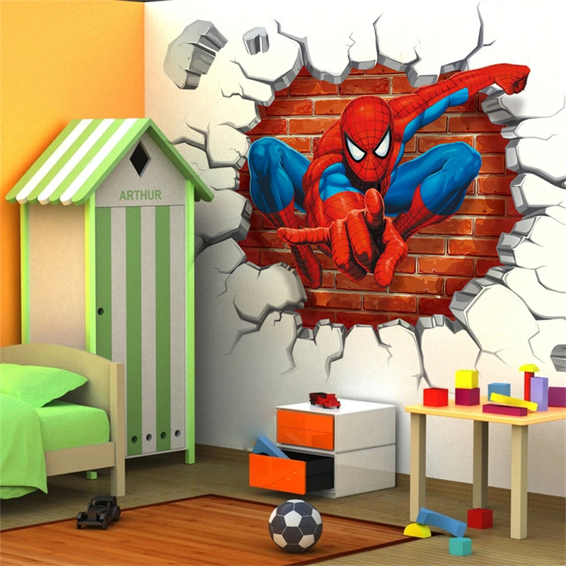 3D Spiderman Wall Stickers For Kids Children's Room Boy Cartoon Vinyl Decals Home Decor Bedroom Decoration Nursery Poster Mural 