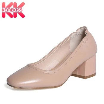 

KemeKiss Square Heel Women Pumps Real Leather Casual Women Shoes Solid Color Office Lady Slip On Female Footwear Size 33-42