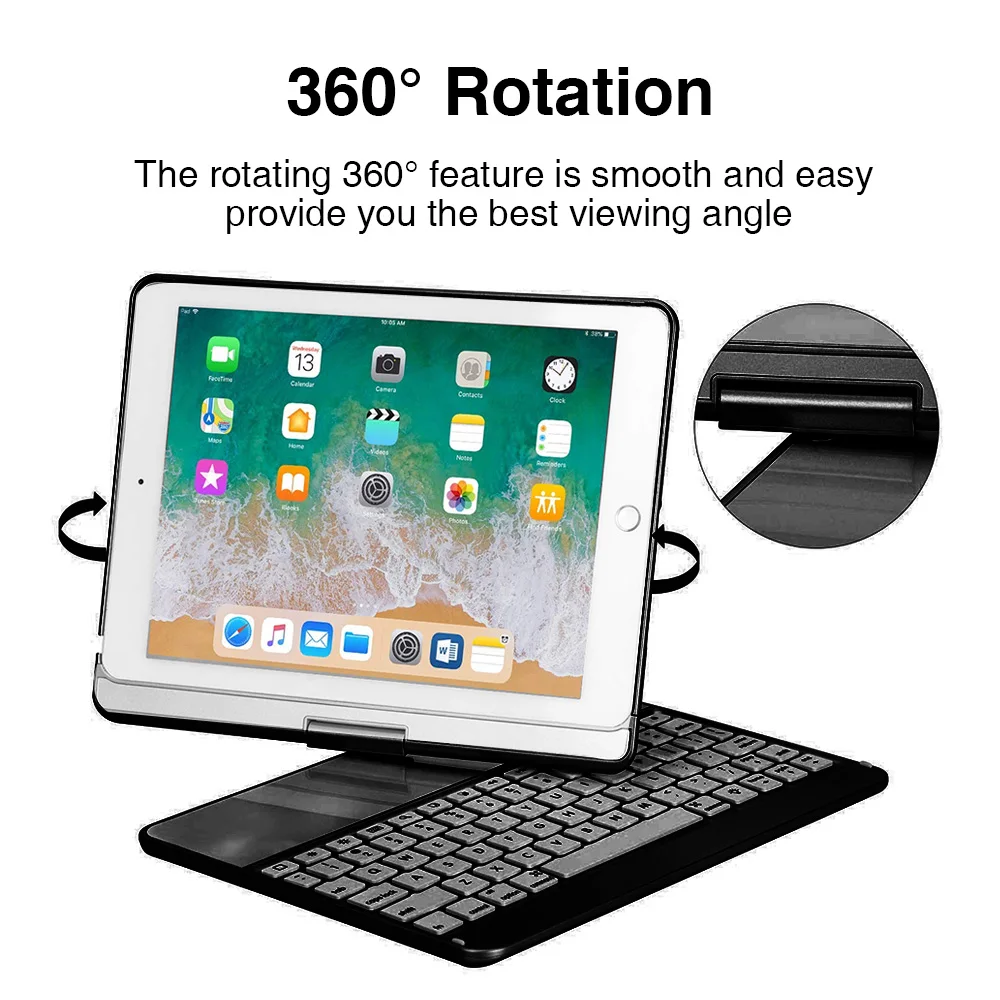 

Combo Wireless Bluetooth Keyboard with Full Case for Apple iPad 9.7 2017 2018 5th 6th Generation 360 Degree Rotatable Auto Wake