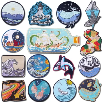 

Prajna Cartoons Whale Patch Applique DIY Embroidered Patches for Clothing Stickers Badge Waves Patch Iron on Patches on Clothes