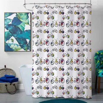 

Shower Curtains for Bathroom Sets with Accessories Bicycle,Hand Drawn Penny-Farthing Tandem and City Bikes with Colored Rims