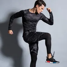 Мужской комплект из 3 предметов, фитнес-костюм с длинным рукавом, компрессионный дышащий спортивный костюм, тренировочный Быстросохнущий Спортивный костюм