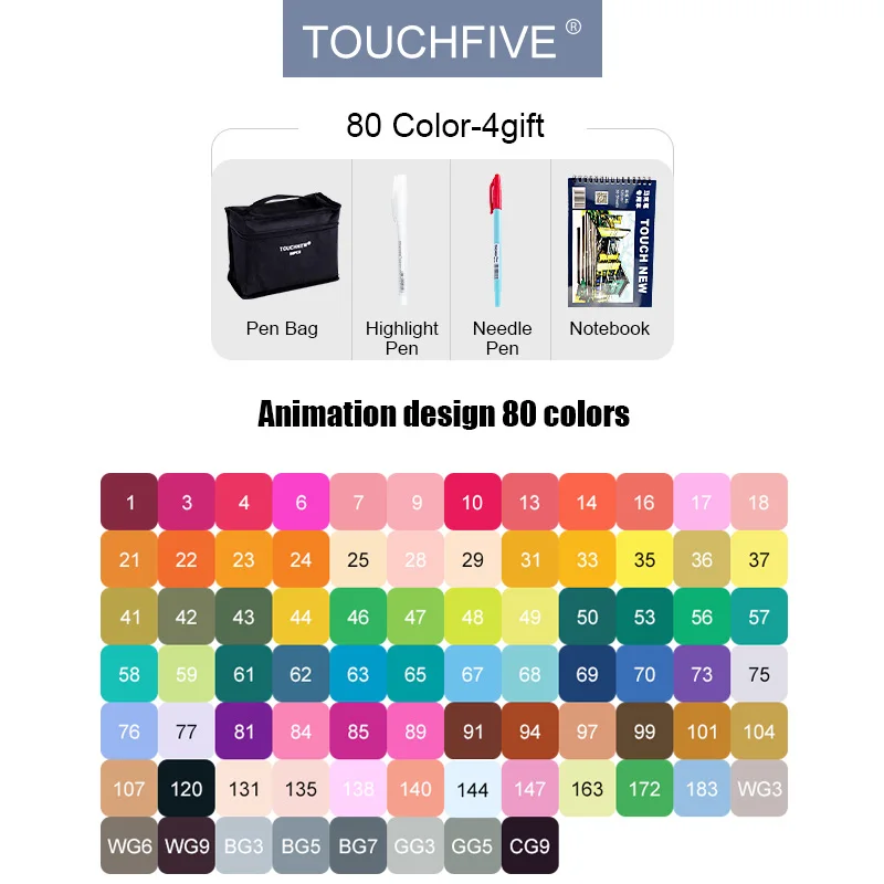 80 animation design TouchFIVE 20 Вт, 30 Вт/40/60/80/168 Цвет маркер для рисования набор двуглавый на спиртовой основе Эскиз маркер для манги художественные принадлежности - Цвет: 80 animation design