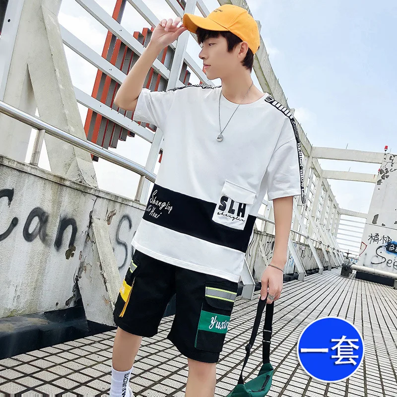 

Short Sleeve Men Summer Korean-style Trend Short Half Sleeve T-shirt Suit Thin Viscose Loose Casual 5 Sports Xia