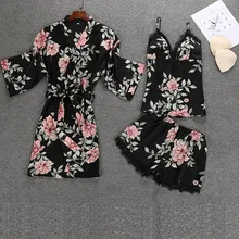 Новинка, модное женское ночное белье, сексуальное атласное ночное белье с принтом, халат на бретельках, с длинным рукавом, комплект из 3 предметов, с принтом, атласный полиэстер, бесшовное