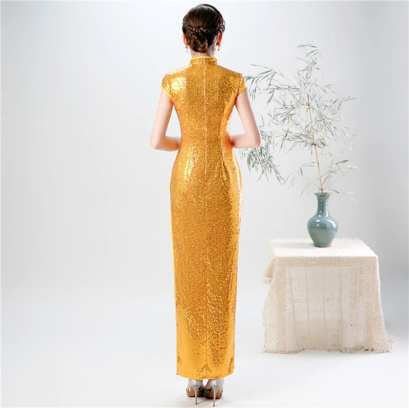 Большой размер улучшенный cheongsam 5XL Осень розовый блесток мода cheongsam женский этикет Подиум представление cheongsam