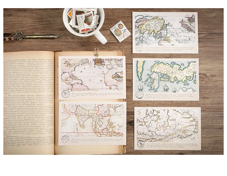 30pcs Retro World Travel Map Postcard Writable Decoration Cards Journal Wall Sticker Photo Props Greeting Paper Stationery Gift