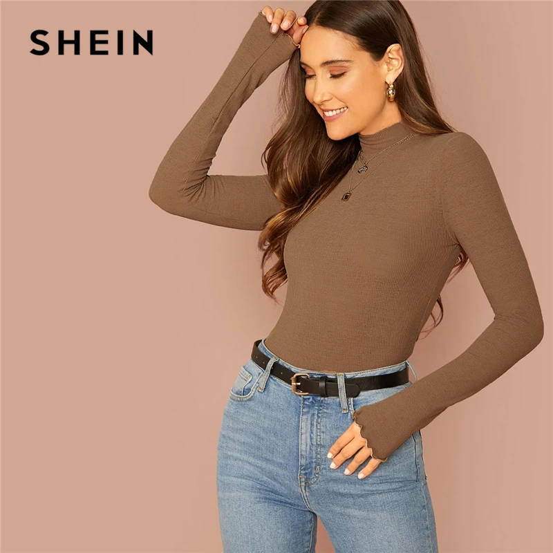 SHEIN Однотонная Водолазка С Высоким Воротником, Топ С Длинными Рукавами