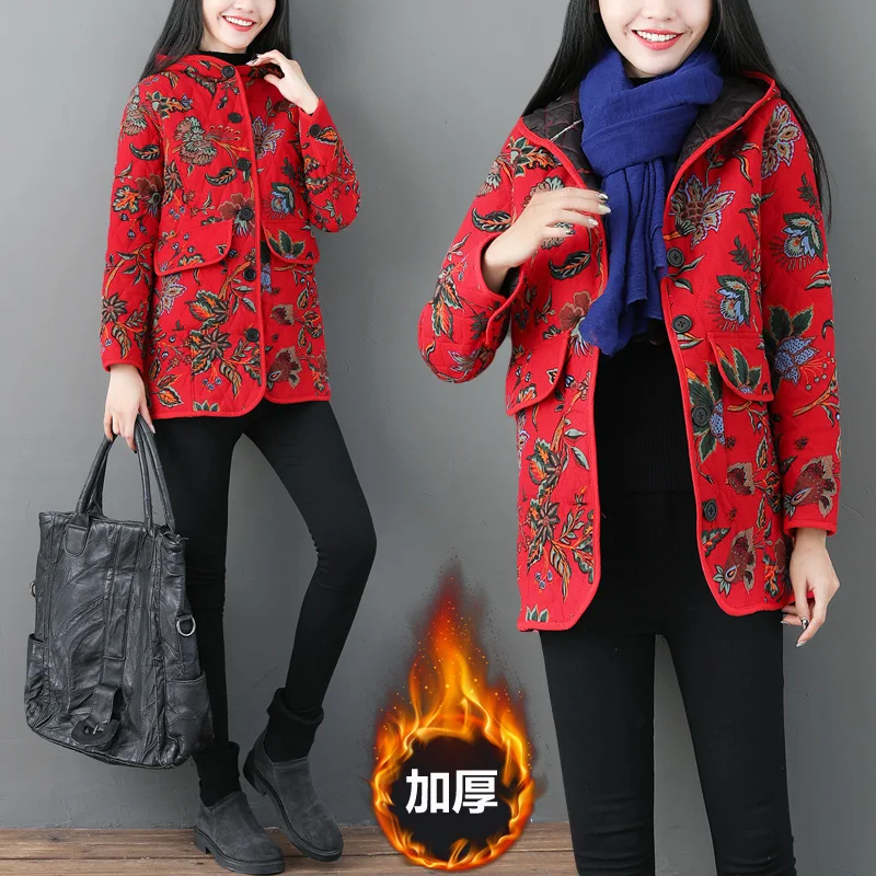 

Hot Selling Autumn And Winter Large Size Printed Thick Padded Hooded Jacket Loose-Fit Ethnic-Style Cotton-padded Clothes Cotton