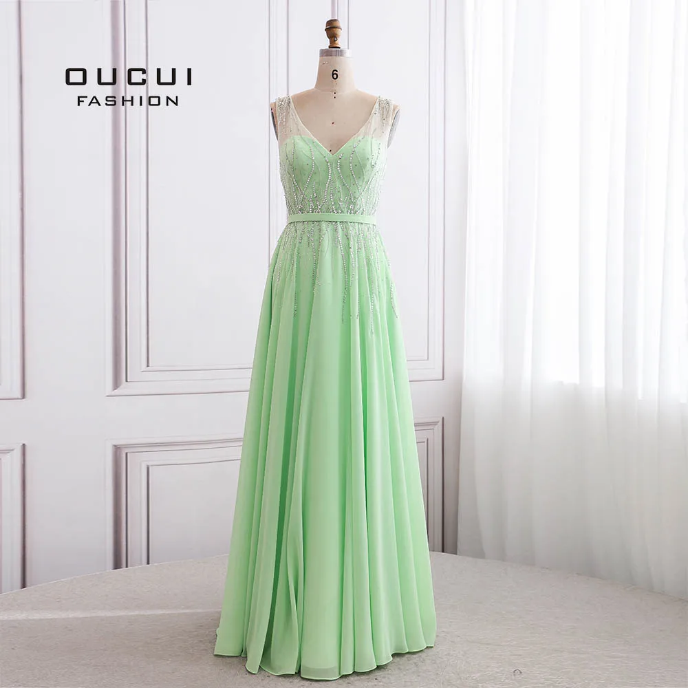 

Real Photos Chiffon V-Neck A-Line Long Evening Dresses Party Gown Elegant Handwork Beading Formal OL102989
