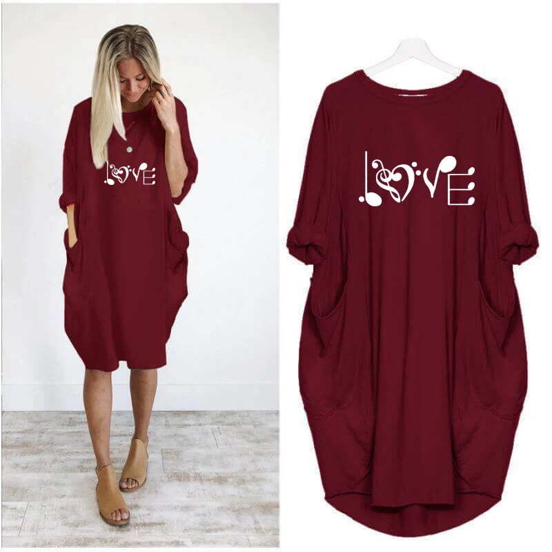 

Love Music Note Print Pocket Dress Female Harajuku Long Sleeve Graphic Teacher Day Gift Vintage Sexy Dress Women Hollow Femme
