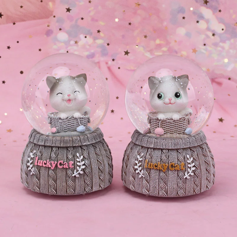 Lucky Cat хрустальный шар статуэтки Миниатюрная модель украшения дома аксессуары мультфильм кошки орнамент Музыкальная Шкатулка Свадебный декор ремесло