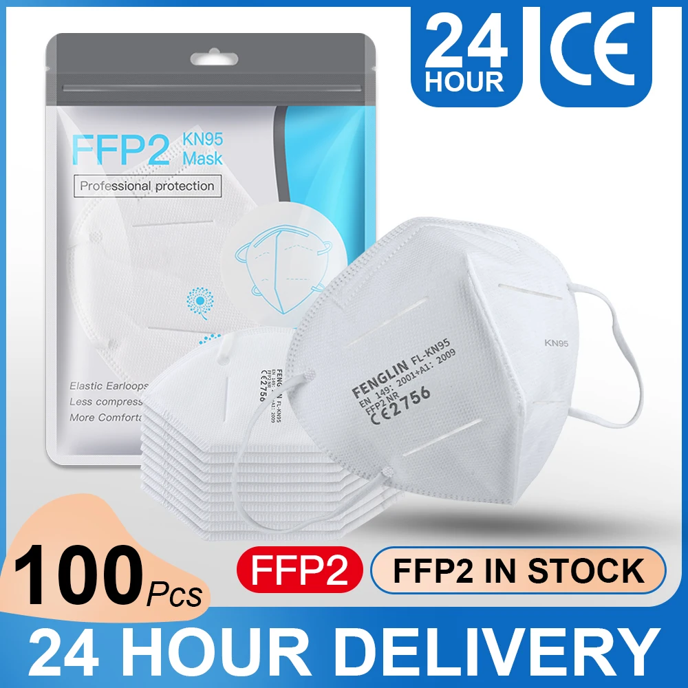 Mascarillas faciales ffp2para adultos, 5 capas, cómodas, transpirables, KN95, contra el polvo, alérgenos, antiniebla, 100 Uds.