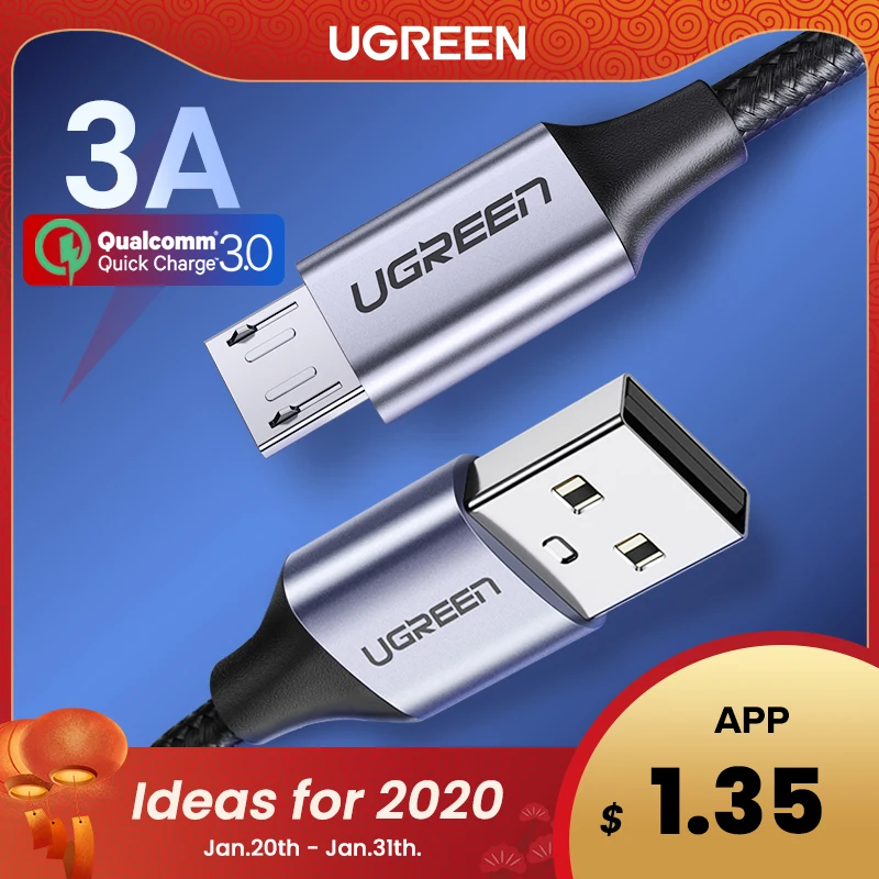 Ugreen Micro USB Cable 3A Nylon Fast Charge USB Data Cable for Samsung Xiaomi LG Tablet Android Mobile Phone USB Charging Cord