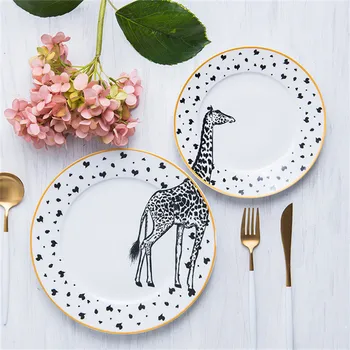 

2pcs Ceramic Dessert Bread Plates Set 6&8 Inch Animals Pattern Steak Pasta Dishes Breakfast Cake Fruits Tray Kitchen Tableware