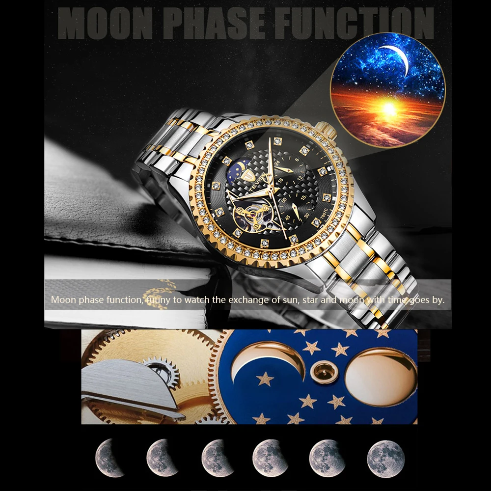 TEVISE модные роскошные стальные автоматические мужские часы Moon Phase Tourbillon инкрустированный стразами светящиеся механические водонепроницаемые часы