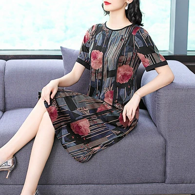 

2019 Summer Clothes For Women Silk Print Vintage Dress Female Straight Middle Aged Old Casual Elegant O-neck Plus Size Dresses