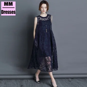 

Elegant Party Women Dress Summer Sleeveless O-Neck A-Line Ladies Dresses Beige Hollow Out Embroidery Lace Dress Vestidos