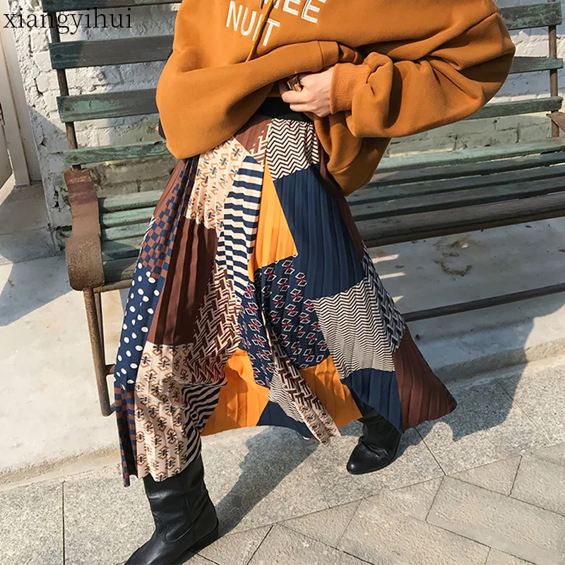 Новинка, Корейская стильная Лоскутная длинная юбка, Женская Повседневная Эластичная резинка на талии, длина по щиколотку, женская модная уличная одежда из тюля