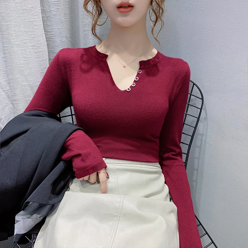

2020 Autumn New Style Cardiac Sense of Design Cool V-neck Semi-Open-Collared Long Sleeve Thin Sweater Sweater Tops Women