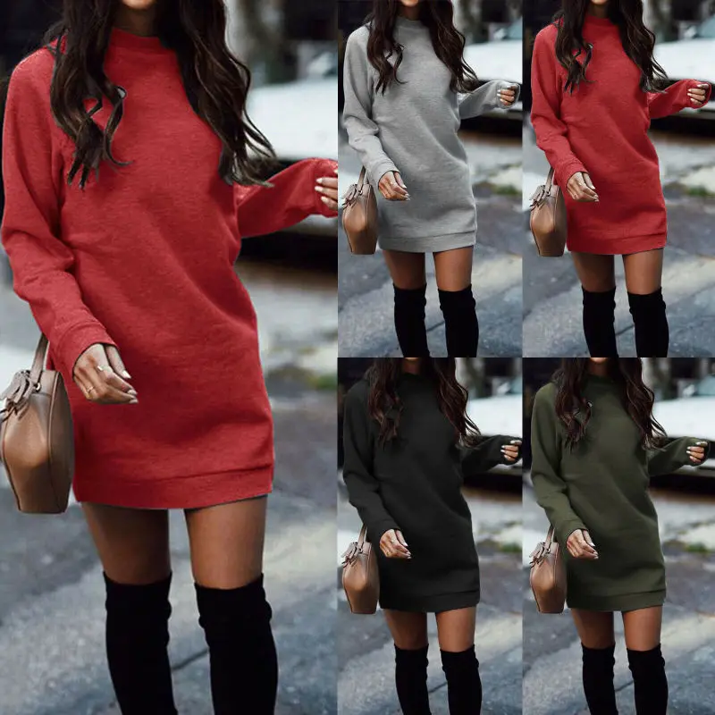

Women's Plain Sweater Jumper Mini Dress Long Sleeve Pullover Sweatshirt Tops