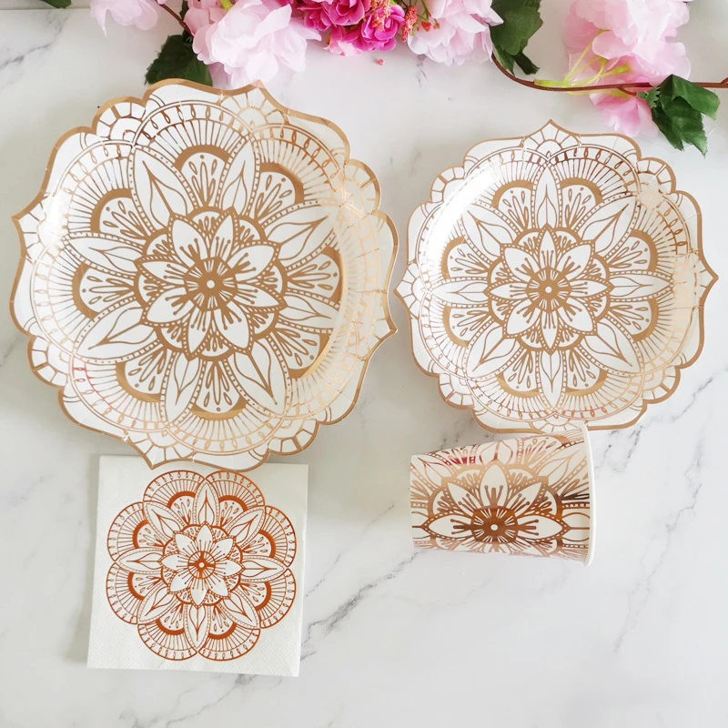 8 шт., розовое золото, цветок, позолота, бумажная тарелка, одноразовая посуда, чашка, салфетка, соломинка, тарелка для торта, праздничные, свадебные, вечерние принадлежности