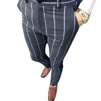 

Business Men Vertical Stripes Print Zipper Pockets Cotton Long Pencil Pants Men's plaid striped leggings pencil trousers