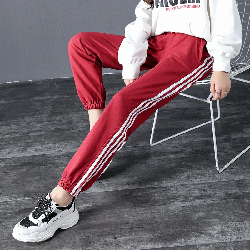 

Spring And Autumn Side Striped Sports Pants Female New Korean Style Harajuku Loose Pants Black Wild Lanterns Casual Slim Trouser