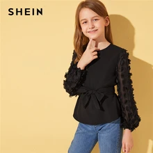 SHEIN Kiddie/черная однотонная блузка с аппликацией в сеточку, с рукавом «Бишоп», с поясом, детские топы, коллекция года, Осенние милые блузки на пуговицах сзади