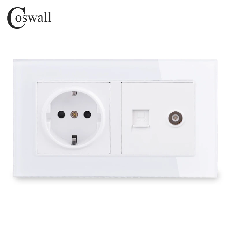 COSWALL настенная розетка стандарта ЕС+ женский ТВ разъем с Интернет компьютерными данными RJ45 CAT5E Разъем закаленное стекло панель