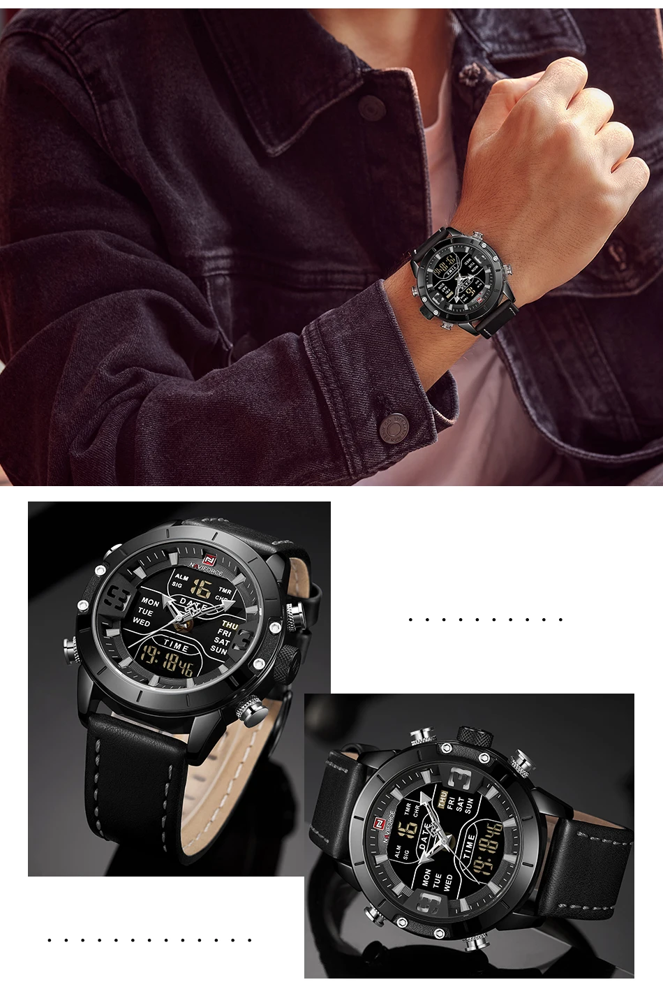 Для мужчин лидирующей марки Элитный бренд NAVIFORCE Для мужчин кожаные мужские кварцевые часы Аналоговые светодиодный цифровые часы Водонепроницаемый военные наручные часы