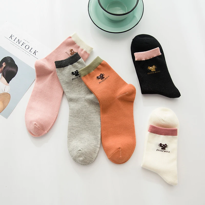 Женские носки с изображением кота; принт с животными; цвет розовый, белый, черный; Kawaii; Забавные милые удобные носки в стиле Харадзюку для девочек; модные Хлопковые вязаные носки с принтом