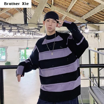 

Winter New Sweater Men Warm Fashion Contrast Color Striped Casual O-neck Knit Pullover Man Streetwear Wild Loose Hole Sweater