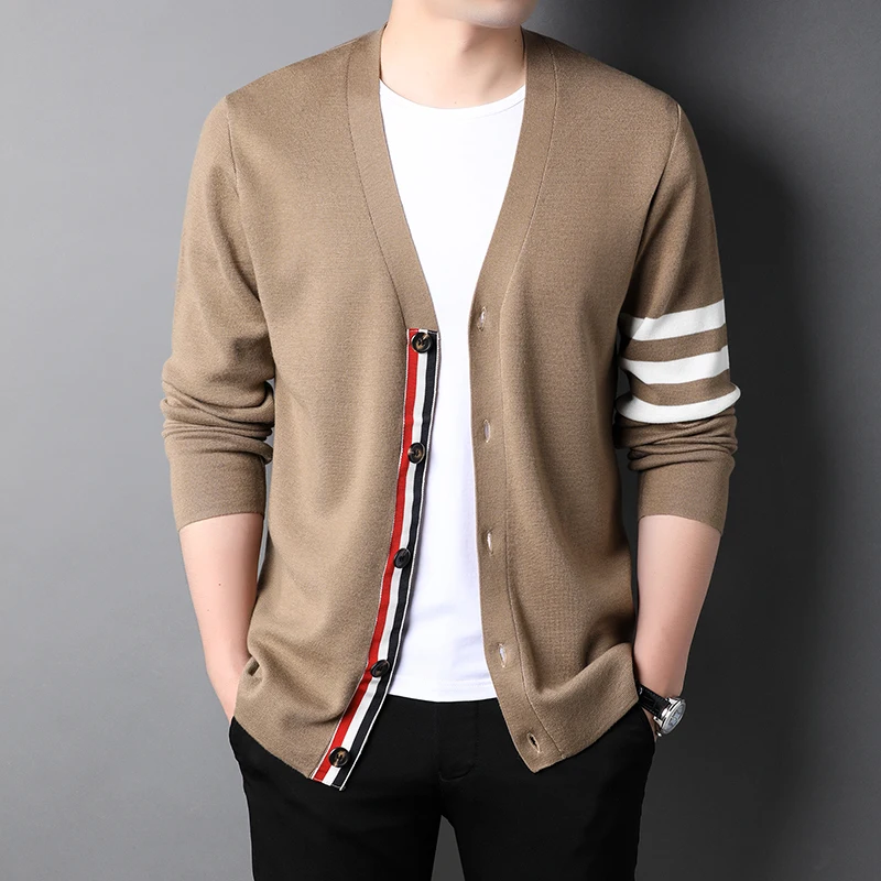 Thom 2021 Autum Winter Brand Fashion Knitted Lapel Sweater Cardigan Vintage Sweater Men Casual Woolen Jacket BROWNE