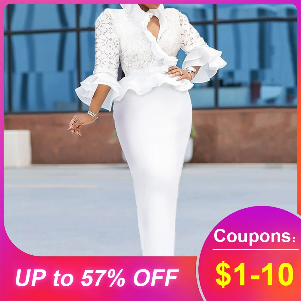 

Elegant Lace Ptachwork Ruffle White Long Dress Bodycon African Style Sexy V Neck Maxi Robe Plus Size Party Dress Women Evening